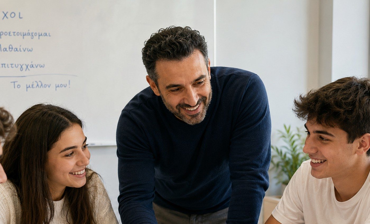 Χαρούμενοι μαθητές και εκπαιδευτικός σε στιγμή προόδου